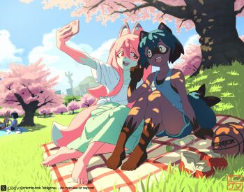 2girls animal_ears animal_nose arm_at_side arm_up artist_name ball bare_shoulders barefoot basketball_(object) blue_eyes blue_hair blue_shorts blue_sky body_fur bottle bracelet brand_new_animal brown_fur brown_hair cellphone cherry_blossoms cloud collarbone dappled_sunlight day dolphin_shorts fangs feet female_focus flat_chest fox_ears fox_girl fox_tail full_body furry furry_female grass green_skirt hair_between_eyes hand_up happy hiwatashi_nazuna holding holding_phone jewelry kagemori_michiru knees_up long_hair looking_at_another looking_at_phone looking_to_the_side michirutnk multicolored_eyes multicolored_hair multiple_girls open_mouth outdoors outstretched_arm phone picnic_blanket pink_eyes pink_fur pink_hair pixiv_username raccoon_ears raccoon_girl raccoon_tail red_eyes red_shoes selfie shirt shoes short_hair short_shorts short_sleeves shorts side_slit side_slit_shorts sidelocks sitting skirt sky sleeveless sleeveless_shirt smartphone smile studio_trigger sunlight tail teeth tied_shirt two-tone_fur two-tone_hair undershirt unworn_shoes v water_bottle watermark white_fur white_shirt