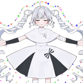 1girl absurdres album_cover closed_eyes cover cross cross_necklace dress drill_hair expressionless facing_viewer grey_hair hamafugu highres jewelry long_hair necklace official_art original outstretched_arms parted_lips solo song_name spread_arms technopop_yuuki_synthesizer-chan twintails very_long_hair