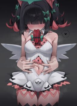 1girl absurdres bare_shoulders black_background black_hair blunt_bangs blush breasts clothing_cutout collarbone commentary_request dress gradient_background green_halo hair_over_eyes halo heart highres loli mouth_hold multicolored_hair nangong_yu navel navel_cutout necktie necktie_in_mouth pink_hair red_necktie short_hair sleeveless sleeveless_dress small_breasts solo spoken_heart spread_navel thighs twintails two-tone_hair um_111 white_dress white_wings wings zenless_zone_zero