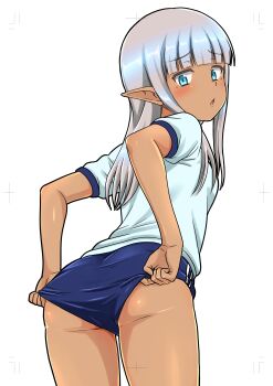 1girl absurdres adjusting_buruma adjusting_clothes ass blue_buruma blue_eyes blunt_bangs blush buruma dark-skinned_female dark_elf dark_skin elf from_behind grey_hair gym_shirt gym_uniform highres karla_(kono_healer_mendokusai) kono_healer_mendokusai loli long_hair looking_at_viewer looking_back official_art pointy_ears shirt short_sleeves simple_background solo tannen_ni_hakkou white_background