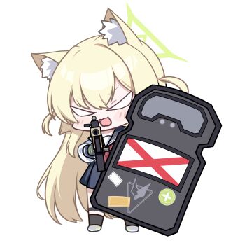 1girl aiming aiming_at_viewer angry animal_ear_fluff animal_ears ballistic_shield beiyong_fadian_ji bilingual_commentary black_gloves black_sailor_collar black_shirt black_socks blank_eyes blonde_hair blue_archive blush chibi chibi_only chinese_commentary commentary_request dual_wielding fox_ears fox_girl full_body gloves green_halo gun hair_between_eyes halo highres holding holding_gun holding_shield holding_weapon kurumi_(blue_archive) long_hair long_sleeves miniskirt mixed-language_commentary open_mouth partial_commentary pleated_skirt sailor_collar school_uniform serafuku shield shirt sidelocks simple_background skirt socks solo standing straight_hair transparent_background tsurime two_side_up v-shaped_eyebrows very_long_hair weapon white_shirt