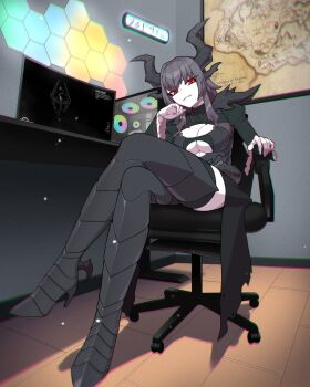 1girl absurdres alduin black_boots black_hair black_horns boots breasts chromatic_aberration cleavage clothing_cutout commission computer crossed_legs game_screenshot_inset genderswap genderswap_(mtf) hand_on_own_cheek hand_on_own_face highres horns hyperbudd large_breasts map monitor parted_lips personification red_eyes second-party_source sitting solo the_elder_scrolls the_elder_scrolls_v:_skyrim underboob underboob_cutout