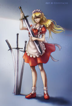 Rule 34 | 1girl, absurdres, apron, blonde hair, commentary, dress, eeveetachi, english commentary, frills, hair ornament, highres, katana, light frown, long hair, maid, maid headdress, puffy short sleeves, puffy sleeves, red dress, red shoes, shadow, shoes, short sleeves, solo, sword, touhou, touhou (pc-98), weapon, yellow eyes, yumeko (touhou)