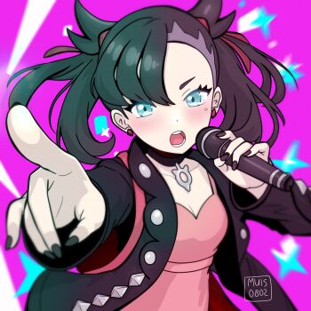 1girl asymmetrical_bangs black_collar black_hair black_jacket black_nails breasts cleavage collar collarbone commentary dress earrings eyelashes hair_ribbon highres holding holding_microphone jacket jewelry light_blush long_sleeves looking_at_viewer marnie_(pokemon) microphone muis0802 nail_polish nintendo open_clothes open_jacket open_mouth pink_dress pointing pokemon pokemon_swsh purple_background red_ribbon ribbon signature solo teeth tongue upper_body