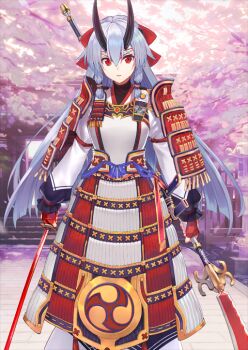 1girl armor asymmetrical_dual_wielding black_horns black_shirt bow breastplate breasts cherry_blossoms double-parted_bangs dual_wielding fate/grand_order fate_(series) feet_out_of_frame fingerless_gloves gloves grey_hair hair_between_eyes hair_bow headband holding holding_polearm holding_sword holding_weapon horns japanese_armor japanese_clothes katana kimono kusazuri long_hair long_sleeves looking_at_viewer low-tied_sidelocks mitsudomoe_(shape) naginata official_art pants parted_lips polearm puffy_long_sleeves puffy_sleeves red_bow red_eyes red_gloves shirabi shirt shoulder_armor sidelocks slit_pupils sode solo standing sword third-party_source tomoe_(symbol) tomoe_gozen_(fate) tomoe_gozen_(second_ascension)_(fate) turtleneck unsheathed variant_set very_long_hair weapon white_headband white_kimono