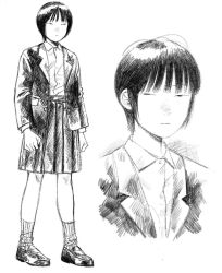 Rule 34 | 1girl, arms at sides, blazer, closed mouth, collared shirt, cropped shoulders, expressionless, full body, greyscale, highres, jacket, lapels, loafers, looking at viewer, looking to the side, monochrome, multiple views, open clothes, open jacket, original, pleated skirt, ribbed socks, riyu (umibebebe), school uniform, shirt, shirt tucked in, shoes, short hair, sideways glance, simple background, skirt, standing