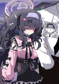 1boy 1girl balenjeong black_hair blue_archive commentary_request doodle_sensei_(blue_archive) empty_eyes frills hair_ornament hairclip halo highres jirai_kei korean_commentary long_hair sensei_(blue_archive) skirt tagme twintails ui_(blue_archive)