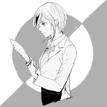 1girl blazer blue_eyes collared_shirt combat_knife commentary_request danganronpa:_trigger_happy_havoc danganronpa_(series) expressionless freckles holding holding_knife holding_weapon ikusaba_mukuro jacket knife kuru_(kzyr) lapels limited_palette looking_at_object neck_ribbon parted_bangs profile ribbon shirt short_hair side_part sidelocks simple_background solo swept_bangs two-tone_background upper_body weapon