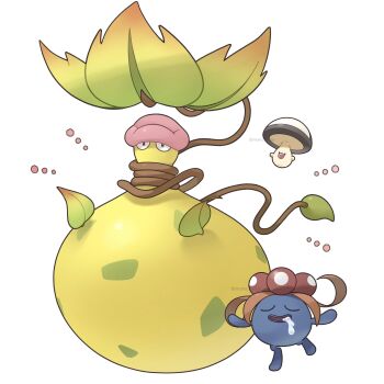 black_eyes closed_eyes colored_skin drooling foongus gen_1_pokemon gen_5_pokemon gloom_(pokemon) highres leaf mega_pokemon mega_victreebel muru_zatta mushroom nintendo no_humans open_mouth plant plant_monster pokemon pokemon_(creature) pokemon_focus smile spores spotted_skin victreebel vines white_background yellow_skin