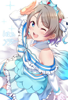 Rule 34 | 1girl, absurdres, aquarium, bare shoulders, birthday, blue eyes, blush, bracelet, character name, commentary, dress, earrings, english text, frilled dress, frilled sleeves, frills, from side, gem, grey hair, hair ornament, hand up, happy birthday, highres, jewelry, koi ni naritai aquarium, kuntze, love live!, love live! sunshine!!, midriff, multicolored hair, open mouth, pearl bracelet, salute, short hair, sitting, smile, streaked hair, thighhighs, thighs, tiara, watanabe you, wavy hair