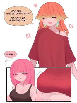 Rule 34 | 2girls, alternate costume, bare shoulders, blush, breasts, couple, earrings, feather earrings, feathers, female pervert, highres, hololive, hololive english, jewelry, large breasts, long hair, mori calliope, multicolored hair, multiple girls, open mouth, pervert, pink hair, simple background, takanashi kiara, viqur, virtual youtuber, white background, wife and wife, yuri