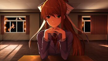 1girl blazer bow brown_hair brown_sweater_vest button_gap ceiling classroom closed_mouth collared_shirt commentary curtains dark desk doki_doki_literature_club doki_doki_literature_club_school_uniform dot_nose dress_shirt elbow_rest elbows_on_table english_commentary eyebrows_hidden_by_hair fingernails floating_hair galaxy game_cg green_eyes grey_jacket hair_bow half-closed_eyes hands_on_own_chin head_on_hands high_ponytail highres indoors interlocked_fingers jacket large_bow light_rays long_eyelashes long_fingernails long_hair long_sidelocks long_sleeves looking_at_viewer monika_(doki_doki_literature_club) neck_ribbon non-web_source official_art ponytail red_ribbon ribbon satchely school_desk school_uniform shirt sidelocks sitting smile solo space sparkling_eyes star_(sky) straight-on sweater_vest swept_bangs thick_eyelashes tile_ceiling tiles tsurime upper_body white_bow white_shirt window wing_collar wooden_floor