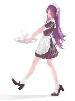 1girl absurdres aisha_greyrat apron black_dress black_shoes commentary cup dress from_side green_eyes high_heels highres holding holding_tray long_hair maid maid_apron maid_headdress mushoku_tensei purple_hair ronuma shoes short_sleeves socks solo symbol-only_commentary teacup teapot tray white_socks
