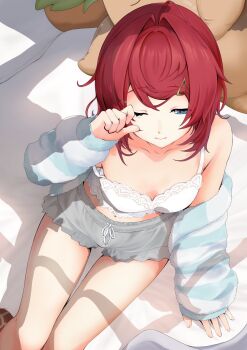 1girl ahoge ange_katrina ange_katrina_(6th_costume) arm_support blue_cardigan blue_eyes breasts camisole cardigan character_doll closed_mouth collarbone commentary doll feet_out_of_frame frilled_shorts frills from_above front-tie_shorts grey_shorts hair_intakes hair_ornament hairclip hand_up hashtag-only_commentary highres knachi09 mandragora_(ange_katrina) medium_hair midriff navel nijisanji one_eye_closed open_cardigan open_clothes red_hair rubbing_eyes shorts single_bare_shoulder single_off_shoulder sitting sleepwear sleepy small_breasts solo striped_cardigan stuffed_toy virtual_youtuber white_camisole