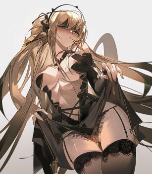 Rule 34 | 1girl, absurdres, alternate breast size, alternate costume, arknights, bare shoulders, black dress, black panties, black thighhighs, blonde hair, blush, breasts, closed mouth, clothes lift, commentary request, cowboy shot, dress, from below, garter straps, highres, indigo (arknights), krao, large breasts, lifting own clothes, long hair, looking at viewer, nipples, panties, purple eyes, simple background, solo, thighhighs, underwear, white background