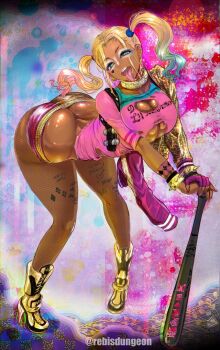 Rule 34 | 1girl, ankle boots, ass, baseball bat, bimbofication, blonde hair, blue eyes, boots, breasts, butt crack, cleavage, collar, dc comics, female focus, fishnets, golden boots, gyaru, harley quinn, high heel boots, high heels, highres, huge ass, large breasts, leaning forward, looking at viewer, multicolored hair, pantyhose, rebis, short shorts, shorts, solo, tan, tattoo, tongue, tongue out, twintails, warner bros.