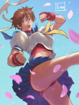 Rule 34 | 1girl, absurdres, ass, breasts, brown eyes, brown hair, cameltoe, capcom, crop top, gloves, headband, highres, kasugano sakura, kicking, legs, panties, red panties, school uniform, skirt, street fighter, street fighter zero (series), street fighter zero 2, tomo eokaiteru, underwear, upskirt