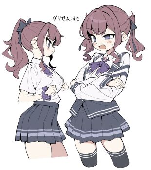 1girl black_ribbon black_skirt black_thighhighs blazer blue_eyes blush bow bowtie breasts brown_hair cevio collared_shirt contrapposto cropped_legs crossed_arms disgust fang hair_ribbon highres jacket long_hair long_sleeves looking_ahead medium_breasts miniskirt multiple_views natsuki_karin pleated_skirt ponytail purple_bow purple_bowtie qusouzu_mogari raised_eyebrow ribbon school_uniform scrunchie shirt short_sleeves skin_fang skirt small_sweatdrop smile standing synthesizer_v thighhighs translation_request twintails uneven_eyes v-shaped_eyebrows white_shirt wrist_scrunchie