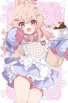 1girl ahoge animal_ears apron blue_bow bow braid cup dress frilled_apron frilled_dress frills gingham_apron hair_bow hair_ornament heart heart_apron heart_hair_ornament highres holding holding_plate jacket jersey_maid long_hair maid multicolored_jacket n4391 name_tag open_mouth phase_connect pink_eyes pink_hair pipkin_pippa plate rabbit_ears rabbit_girl rabbit_hair_ornament red_bow shorts_under_dress sleeves_past_fingers sleeves_past_wrists solo sweat twin_braids unconventional_maid virtual_youtuber