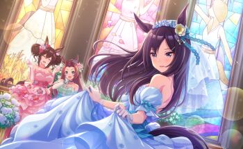 3girls ^_^ animal_ears aqua_bow aqua_corset aqua_ribbon aqua_wrist_cuffs artist_request backless_dress backless_outfit bare_back beads bow breasts bridal_veil bride brown_hair church cleavage closed_eyes corset cowboy_shot detached_sleeves double_bun dress dress_bow dutch_angle elbow_gloves feet_out_of_frame floral_print flower forehead frilled_dress frilled_sleeves frilled_wrist_cuffs frills game_cg gloves gown hair_beads hair_between_eyes hair_bow hair_bun hair_flower hair_intakes hair_ornament hair_ribbon hairclip hand_on_own_cheek hand_on_own_face happy height_difference highres hishi_akebono_(umamusume) hishi_akebono_(who_wants_the_first_bite?)_(umamusume) horse_ears horse_girl horse_tail indoors kawakami_princess_(princess_bride)_(umamusume) kawakami_princess_(umamusume) lace_ribbon large_breasts light_particles long_dress long_hair long_sidelocks looking_at_self mejiro_dober_(my_thoughts_my_desires)_(umamusume) mejiro_dober_(umamusume) multiple_girls official_alternate_costume official_art petals pink_bow pink_dress pink_flower pink_gloves pink_ribbon pink_rose plant potted_plant print_dress puffy_short_sleeves puffy_sleeves purple_eyes red_flower red_rose ribbon rose short_hair short_sleeves shoulder_blades sidelocks skirt_hold sleeve_bow sparkle stained_glass standing strapless strapless_dress tail tsurime umamusume veil very_long_hair wavy_hair wedding_dress white_dress white_gloves white_sleeves white_veil wrist_cuffs yellow_flower