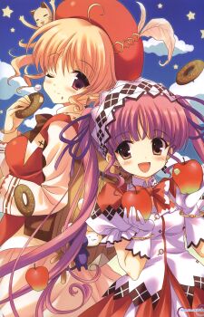 2girls :d agnes_boulange apple blonde_hair blush bow donut dress food fruit gloves happy highres long_hair minette multiple_girls one_eye_closed open_mouth purple_eyes purple_hair qp:flapper red_eyes ribbon short_hair shukufuku_no_campanella smile twintails white_gloves