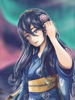 1girl absurdres adjusting_hair arm_at_side artist_request aurora blue_eyes blue_hair blue_kimono brand_of_the_exalt butterfly_ornament collarbone curled_fingers eyelashes female_focus fire_emblem fire_emblem_awakening flat_chest hair_between_eyes hair_ornament hand_up highres huge_filesize intelligent_systems japanese_clothes kimono lips long_hair looking_at_viewer lucina_(fire_emblem) matching_hair/eyes neck night night_sky nintendo obi official_alternate_costume parted_lips print_yukata sash sidelocks sky standing symbol_in_eye tiara upper_body wide_sleeves yukata