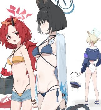 Rule 34 | 1boy, 3girls, absurdres, animal ears, bag, bikini, black hair, black horns, blue archive, blue bikini, blunt ends, bob cut, breasts, cat ears, criss-cross halter, denim, denim shorts, distracted boyfriend (meme), doodle sensei (blue archive), dragon tail, duffel bag, eye contact, halo, halterneck, highres, holding, holding bag, horns, kanna (blue archive), kanna (swimsuit) (blue archive), kikyou (blue archive), kikyou (swimsuit) (blue archive), lonklink, looking at another, meme, mini person, miniboy, multi-strapped bikini bottom, multiple girls, navel, o-ring, o-ring bikini, official alternate costume, open fly, red eyes, red hair, renge (blue archive), renge (swimsuit) (blue archive), sensei (blue archive), short shorts, shorts, shoulder bag, simple background, single horn, small breasts, swimsuit, tail, white background, yellow bikini