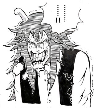 ! !! ...! 1boy 1koma caesar_clown clenched_teeth comic cosplay crying greyscale highres horns konatade long_hair male_focus monochrome one_piece shirt sidelocks snot solo sound_effects speech_bubble spoken_exclamation_mark streaming_tears team_spica&#039;s_trainer team_spica&#039;s_trainer_(cosplay) tears teeth traditional_media trembling umamusume vest