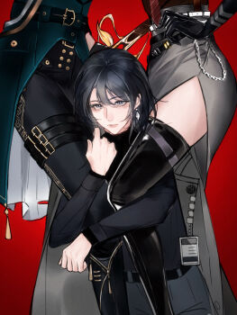 3girls augustus_(path_to_nowhere) closed_mouth commentary_request hand_on_own_hip highres hugging_another's_leg kirihara_(kiri) langley_(path_to_nowhere) looking_at_viewer multiple_girls path_to_nowhere skirt standing yuri