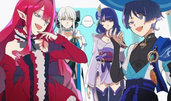 ... 1boy 3girls baobhan_sith_(fate) baobhan_sith_(first_ascension)_(fate) bare_shoulders black_bow blue_background blue_eyes blue_hair blunt_bangs bow breasts bridal_gauntlets choker cleavage clothing_cutout collarbone commentary crossover detached_collar detached_sleeves dress expressionless fan_hair_ornament fate/grand_order fate_(series) feathers flower flower_ornament friends genshin_impact grey_hair hair_between_eyes hair_bow hair_intakes hair_ornament hand_on_own_chin hand_up hat head_tilt hood hood_down japanese_clothes jewelry kimono large_breasts long_hair long_sleeves looking_at_another looking_to_the_side mocking mole mole_under_eye morgan_le_fay_(fate) morgan_le_fay_(second_ascension)_(fate) mother_and_son multiple_girls neck_ribbon off_shoulder open_mouth pendant pointy_ears purple_eyes purple_flower purple_hair purple_kimono purple_thighhighs raiden_shogun rakugakiokba red_dress red_hair red_ribbon red_sash ribbon sash scaramouche_(genshin_impact) shade shadow short_hair shoulder_cutout smug speech_bubble standing thighhighs wanderer_(genshin_impact) wide_sleeves