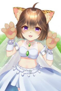 1girl ahoge animal_ear_fluff animal_ears bandeau blush brown_hair cat_ears cat_girl commentary_request cowboy_shot gem green_gemstone green_skirt grey_bandeau highres looking_at_viewer open_mouth purple_eyes ragnarok_masters ragnarok_online sakuraji_tomoka short_hair skirt solo spirit_whisperer_(ragnarok_masters)