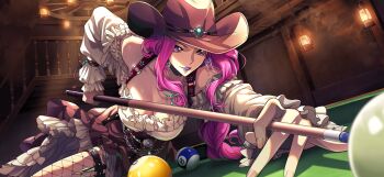 1girl ball billiard_ball billiards breasts code_geass code_geass:_lost_stories cornelia_li_britannia cue_stick f4samurai game_cg hat highres large_breasts lipstick long_hair makeup non-web_source official_art pool_table purple_eyes purple_hair solo table