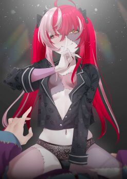 1girl 1other absurdres ahoge black_panties black_shirt breasts closed_mouth colored_skin commentary finger_to_mouth girl_on_top grey_hair grey_skin hand_up heterochromia highres hololive hololive_indonesia jape_(ja_pehhhh) kureiji_ollie lace lace-trimmed_panties lace_trim lapels long_hair looking_at_viewer multicolored_hair navel no_pants notched_lapels panties patchwork_skin pink_hair red_eyes red_hair shirt shushing small_breasts smile stitched_arm stitched_face stitched_leg stitched_torso stitches stomach straddling symbol-only_commentary twintails underwear virtual_youtuber yellow_eyes zombie