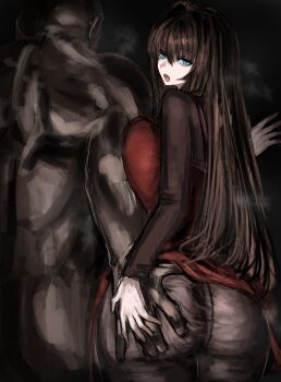 1boy 1girl aozaki_aoko ass blue_eyes brown_hair dark-skinned_male dark_skin expressionless grabbing_another's_ass groping highres huge_ass long_hair looking_at_viewer looking_back maabo_harusame mahou_tsukai_no_yoru muscular muscular_male netorare pantyhose pov steam steaming_body type-moon