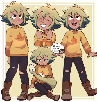 1girl :3 absurdres aliceshionotak1 black_eyes blonde_hair blue_hair boots closed_eyes english_text full_body highres long_sleeves looking_afar looking_up multiple_views pants short_hair sitting smile speech_bubble standing sweater tail teeth the_owl_house thought_bubble vee_(the_owl_house) yellow_pupils yellow_sweater