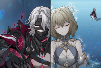 1boy 2girls absurdres bandage_on_forehead bandage_over_one_eye bandaged_chest bandages_over_mouth bare_shoulders black_bandages blonde_hair breasts cleavage cleavage_cutout closed_eyes closed_mouth clothing_cutout collared_cape columbina_(genshin_impact) commentary_request dasoin dated detached_sleeves dissolving dress genshin_impact hair_between_eyes hair_ornament highres large_breasts long_hair medium_hair multiple_girls mystical_high_collar rerir_(genshin_impact) scene_reference signature smile split_theme tearing_up tholindis_(genshin_impact) walking_away white_dress white_hair wing_hair_ornament