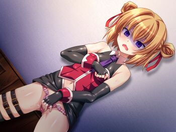 1girl aoi_masami bare_shoulders belt belt_buckle black_gloves black_skirt black_thighhighs blonde_hair blush breasts buckle clothes_lift clothing_cutout cowboy_shot double_bun dutch_angle elbow_gloves empty_eyes female_masturbation fingerless_gloves frilled_panties frills game_cg gloves grabbing_own_breast hair_between_eyes hair_bun hair_intakes hair_ribbon indoors large_variant_set masturbation miniskirt navel navel_cutout necktie nina_wang_rockford non-web_source official_art open_mouth orange_hair panties pencil_skirt pink_panties purple_eyes purple_necktie pussy_juice red_ribbon ribbon shaded_face shiny_clothes shiny_legwear shiny_skin shirt short_hair short_necktie sidelocks skirt skirt_lift sleeveless sleeveless_shirt small_breasts solo standing sweat thigh_belt thigh_strap thighhighs ts_magical_girl_nao turn_pale underwear variant_set wavy_mouth wrist_cuffs