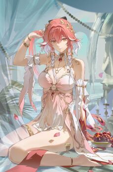 1girl absurdres bare_shoulders barefoot body_markings breasts changli_(laurel_nymph)_(wuthering_waves) changli_(wuthering_waves) cleavage closed_mouth commentary covered_navel dress hair_between_eyes hand_up highres large_breasts laurel_crown looking_at_viewer multicolored_hair official_alternate_costume petals pink_dress pink_hair red_petals sketch smile solo thighs two-tone_hair white_hair wuthering_waves yellow_eyes zhongyuanqing