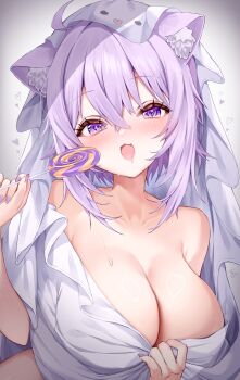 1girl :d absurdres ahoge animal_ears bed_sheet blush breasts candy cat_ears cat_girl cleavage commentary_request crossed_bangs double-parted_bangs fang food hair_between_eyes highres holding holding_candy holding_food holding_lollipop hololive lollipop looking_at_viewer messy_hair nail_polish naked_sheet nekomata_okayu neru5 open_mouth purple_eyes purple_hair purple_nails smile solo virtual_youtuber