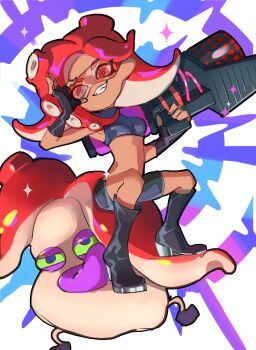 1girl adjusting_eyewear big_hair bike_shorts black_footwear black_gloves black_shirt black_shorts boots breasts crop_top fingerless_gloves gloves grin hand_up highres holding knee_boots koike3582 looking_at_viewer medium_hair nintendo octarian_(enemy) octoling octotrooper orange-tinted_eyewear range_blaster_(splatoon) red_eyes red_hair shirt shorts sleeveless sleeveless_shirt small_breasts smile splatoon_(series) sunglasses takozonesu tentacle_hair tinted_eyewear