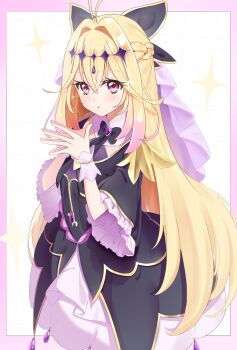 Rule 34 | 1girl, absurdres, antenna hair, black bow, black dress, black necktie, blonde hair, bow, braid, brooch, commentary request, cure arcana shadow, dress, earrings, gerbera152, gradient hair, hair intakes, hair ornament, half up braid, heart, heart brooch, highres, jewelry, long hair, magical girl, meitantei precure!, moria luluka, multicolored hair, necktie, pink eyes, pink hair, precure, purple nails, purple veil, shadow, solo, veil, very long hair