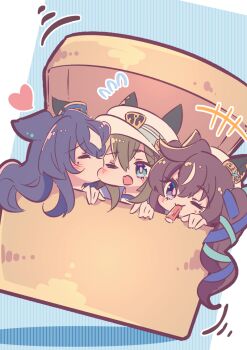 Rule 34 | +++, 3girls, ;3, animal ears, aqua ribbon, biting, biting cheek, blue eyes, brown hair, cheval grand (umamusume), closed mouth, commentary request, ear covers, food in mouth, hair between eyes, hair ribbon, hat, heart, honkawa works, horse ears, horse girl, long hair, looking at viewer, multicolored hair, multiple girls, one eye closed, open mouth, purple eyes, ribbon, siblings, sisters, streaked hair, twintails, two-tone hair, umamusume, v sisters, verxina (umamusume), vivlos (umamusume), white hair, white hat