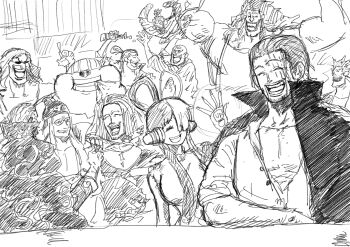 1girl 6+boys absurdres artist_request bald belt benn_beckman bonk_punch brown_hair building_snake clenched_hand dreadlocks dress eating everyone father_and_daughter food goggles good_end green_hair grin happy hat highres holding holding_sword holding_weapon hongou_(one_piece) howling_gab jumping limejuice_(one_piece) long_coat looking_at_another lucky_roux manly monkey monster_(one_piece) multiple_boys muscular one_piece open_clothes open_shirt open_vest pectorals pirate ponytail red_hair_pirates robe rockstar_(one_piece) sash scar shanks_(one_piece) shirt short_hair simple_background smile spiked_hair sunglasses sword traditional_media uta_(one_piece) vest weapon white_hair yasopp