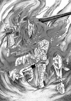 1boy 913kousatu absurdres armor armored_boots artorias_the_abysswalker boots cape commentary_request dark_souls_(series) dark_souls_i full_body gauntlets greyscale helm helmet highres holding holding_sword holding_weapon knight male_focus monochrome pauldrons plume shoulder_armor solo squatting sword torn_cape torn_clothes weapon