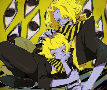 1boy 1girl arm_hair black_jacket black_pants blonde_hair blood blue_blood colored_sclera colored_teeth commentary_request disembodied_eye fingernails flurry_(a_ka_shi) hand_on_another&#039;s_head highres jacket nekoma_hikaru pants shirt striped_bandana traffic_jam_(vocaloid) welter_(a_ka_shi) yellow_sclera yellow_shirt yellow_teeth