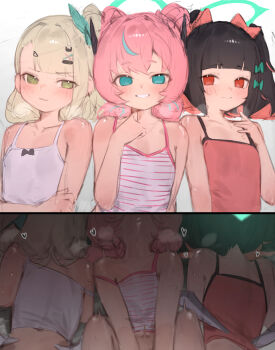 3girls angels_of_delusion aria_(zenless_zone_zero) black_hair blonde_hair blue_eyes blue_hair camisole closed_mouth colored_inner_hair fang flat_chest green_eyes grin halo highres implied_sex loli looking_at_viewer medium_hair multicolored_hair multiple_girls nangong_yu out-of-frame_censoring parted_lips pink_camisole pink_hair red_camisole red_eyes red_hair side_ponytail skin_fang smile streaked_hair striped_camisole sunna_(zenless_zone_zero) theflatfacadeds white_background white_camisole zenless_zone_zero