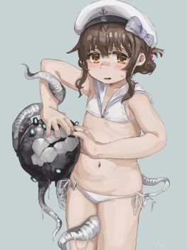 1girl bikini blush bow breasts brown_hair cosplay enemy_naval_mine_(kancolle) folded_ponytail grey_background hat hat_bow highres inazuma_(kancolle) jewelry kantai_collection kuro4221 loli looking_at_viewer orange_eyes parted_lips ponytail ring sailor_bikini sailor_collar sailor_hat side-tie_bikini_bottom sidelocks simple_background small_breasts solo swimsuit tentacles white_bikini white_hat z3_max_schultz_(kancolle) z3_max_schultz_(kancolle)_(cosplay) z3_max_schultz_(swimsuit)_(kancolle)
