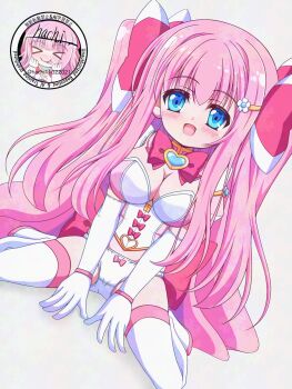 1girl :d back_bow blue_eyes blush boots bow bow_panties breasts brooch cleavage dot_nose dutch_angle elbow_gloves gloves hachi_(hachi11022021) hair_bow hair_ornament hairclip heart heart_brooch highres jewelry large_breasts long_hair looking_at_viewer magical_girl open_mouth oppai_loli original panties pink_bow pink_hair signature simple_background sitting smile solo thigh_boots thighhighs two_side_up underwear wariza watermark white_background white_gloves white_panties white_thighhighs