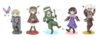 2girls 3boys :d armor blonde_hair blue_eyes blush boots brown_boots brown_gloves brown_hair bug bushidou_(sekaiju) bushidou_4_(sekaiju) butterfly closed_eyes coat dark_hunter dark_hunter_(sekaiju) dark_hunter_1 etrian_odyssey fishing_rod flower full_body fur-trimmed_jacket fur_trim gloves green_boots green_coat green_eyes gunner_(sekaiju) gunner_1_(sekaiju) hair_flower hair_ornament hat highres holding holding_fishing_rod insect jacket japanese_clothes kimono long_skirt midriff mikamseizin multiple_boys multiple_girls navel obi open_mouth paladin_(sekaiju) paladin_1_(sekaiju) pink_kimono plate_armor ranger_(sekaiju) ranger_2_(sekaiju) red_shorts sash sekaiju_no_meikyuu sekaiju_no_meikyuu_1 shield shield_on_back short_hair shorts skirt smile sparkle ushanka venomfly_(sekaiju) yellow_eyes
