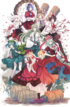 Rule 34 | 6+girls, :d, ;), ;d, ahoge, aki minoriko, aki shizuha, animal ears, animal print, arm up, backpack, bag, bandaged leg, bandages, bare legs, bare shoulders, black choker, black footwear, black gloves, black hair, black ribbon, black skirt, black socks, black wings, blonde hair, blue eyes, blue footwear, blue hair, blue jacket, blue skirt, boots, bow, branch, breasts, bridal gauntlets, brown hat, newsboy cap, choker, commentary request, crossed arms, detached sleeves, dress, feathered wings, food, food-themed hair ornament, frilled bow, frilled ribbon, frilled shirt collar, frills, frog hair ornament, frog print, full body, geta, gloves, grape hair ornament, green eyes, green hair, green hat, grin, hair between eyes, hair bobbles, hair ornament, hair ribbon, hair tubes, hand fan, hand up, hat, high heel boots, high heels, highres, holding, holding fan, holding hands, holding sword, holding weapon, interlocked fingers, inubashiri momiji, jacket, juliet sleeves, kagiyama hina, kawashiro nitori, key, kneehighs, kochiya sanae, large breasts, leaf fan, leaf hair ornament, leg up, long hair, long sleeves, looking at viewer, medium breasts, midriff peek, miniskirt, mirror, miyakure, mob cap, moriya suwako, mountain of faith, multiple girls, navel, neck ribbon, onbashira, one eye closed, open mouth, pantyhose, petals, pinafore dress, pom pom (clothes), pouch, puffy short sleeves, puffy sleeves, pumpkin, purple eyes, purple skirt, purple vest, red bow, red dress, red eyes, red footwear, red hat, red ribbon, red shirt, red skirt, ribbon, ribbon-trimmed sleeves, ribbon choker, ribbon trim, rock, rope, shameimaru aya, shide, shimenawa, shirt, short hair, short sleeves, siblings, sidelocks, silver hair, simple background, single sidelock, sisters, skirt, skirt set, sleeveless, sleeveless dress, smile, snake hair ornament, socks, standing, sweet potato, sword, tail, tassel, tengu-geta, thighhighs, thighs, tokin hat, touhou, two side up, very long hair, vest, w, weapon, white background, white legwear, white ribbon, white shirt, wide sleeves, wings, wolf ears, wolf tail, wrist ribbon, yasaka kanako, yellow eyes, zettai ryouiki